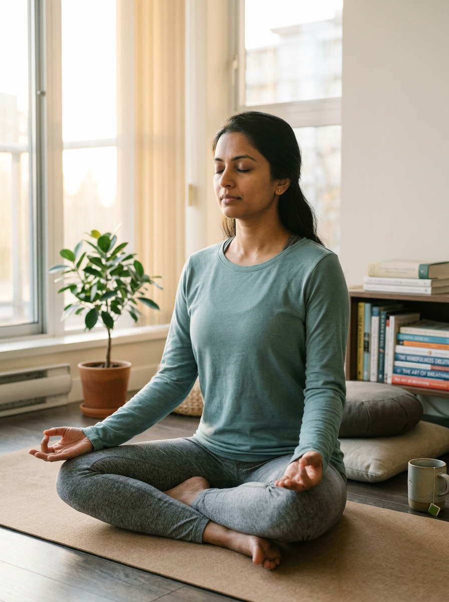 Woman sitting cross-legged on a mat meditating with eyes closed