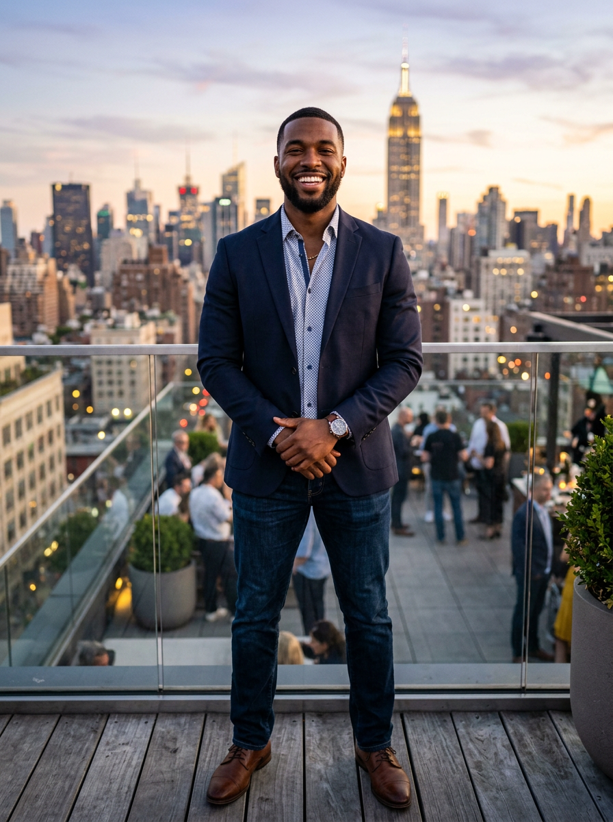 Smiling man in blazer and jeans standing on rooftop with city skyline at sunset